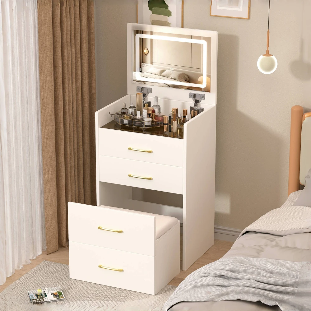 3-in-1 Schminktisch mit offenem Spiegel, klarer Glasplatte, kompakter Frisiertisch, 3 Schubladen, Schlafzimmer-Schminktisch, B60 H118 T40 cm Image