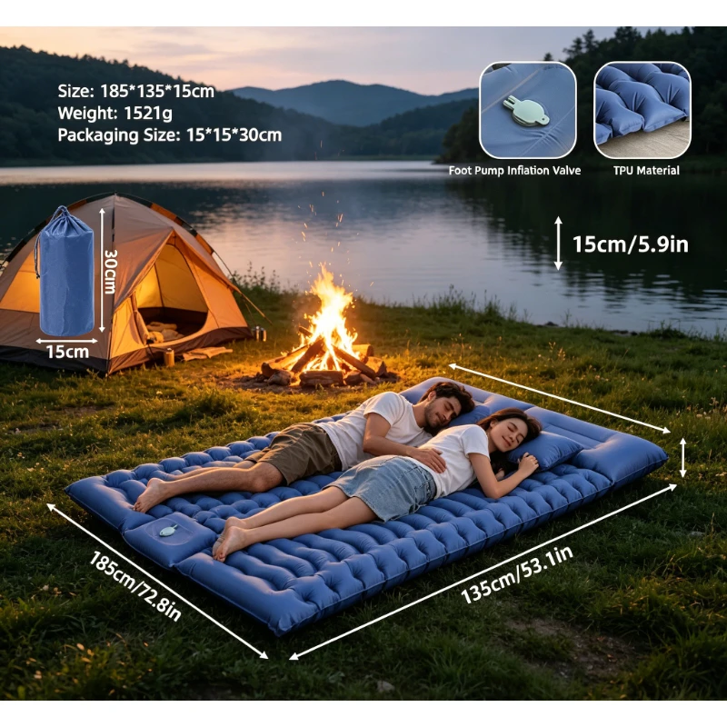 Doppel-Luftmatratze für Paare und Freunde, TPU-Campingmatte, Bodenmatte für Outdoor, Superelastische Verbundmatte in Grün und Blau Image
