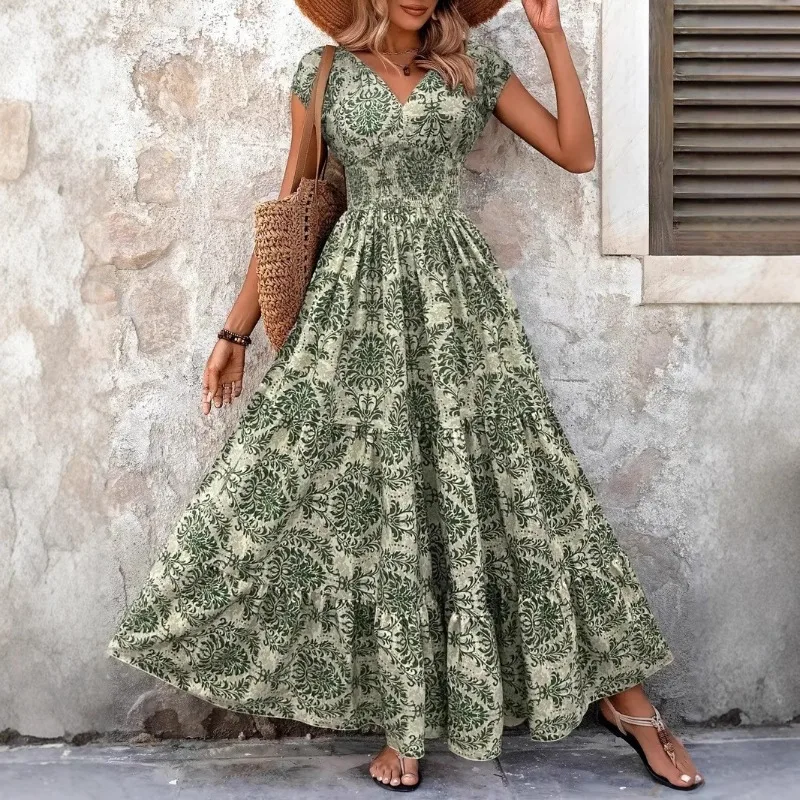 UNITIM Sommerliches, literarisches Retro-Kleid mit Aufdruck für Damen, elegantes V-Ausschnitt-Kurzarmkleid, lässiges A-Linien-Maxikleid für Damen Image