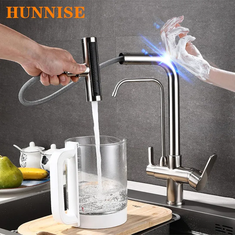 Robinets de cuisine à filtre tactile en cascade, robinet mitigeur d'évier de cuisine extractible chaud et froid en laiton, robinets de cuisine à filtre tactile à 3 voies