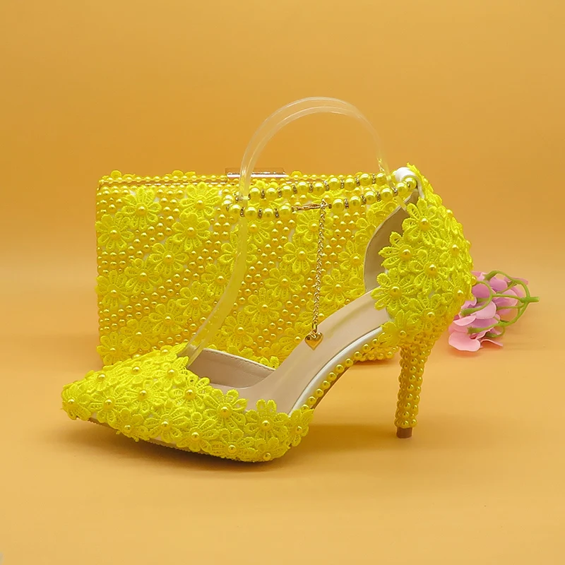 7cm/9cm Gelb Blume Hochzeit Schuhe Mit Passenden Taschen High Heels Spitz Ankle Strap Damen Partei schuh und tasche set