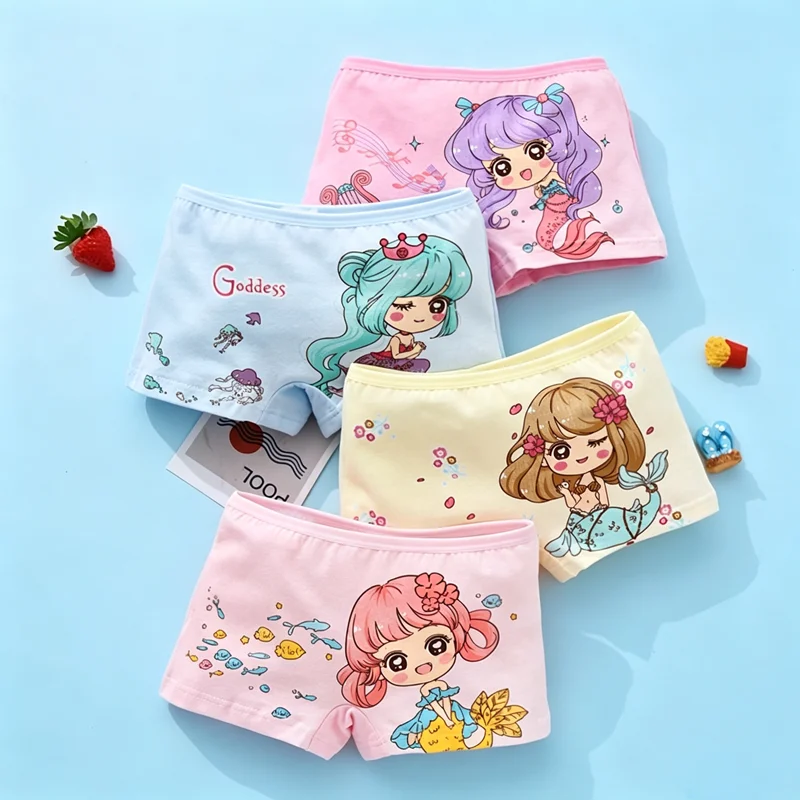 4 Stück/Set Kinder Mädchen Baumwollunterwäsche Niedlicher Meerjungfrauen-Druck Rosa Blau Boxershorts Atmungsaktive Weiche Kinderunterhosen für Mädchen 2-10 Jahre Image