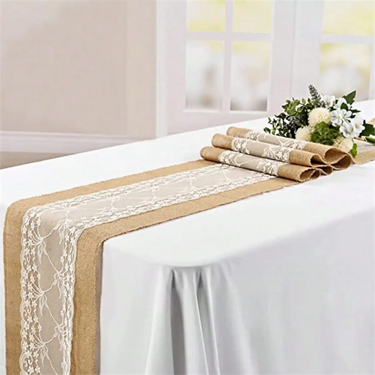 Rustikaler Spitzen-Patchwork Tischläufer Vintage Grober Leinen-Tischbezug für Hochzeit Party Festival Feier Heim Esstisch Deko