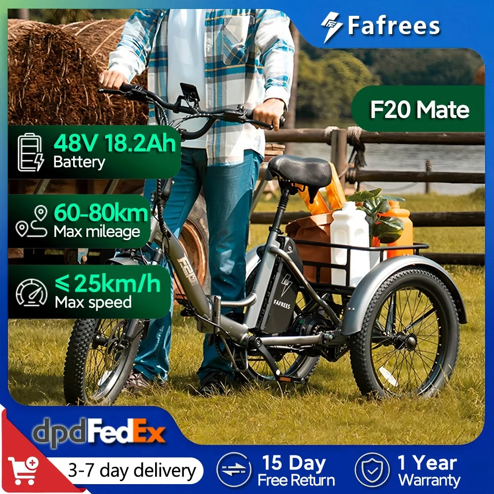 Fafrees F20 Mate Faltbares Elektro-Dreirad für Erwachsene, 20 x 3,0 Zoll Lasten E-Bike mit 48V 18,2Ah/20Ah herausnehmbarem Akku, 25 km/h und 60-80 km Reichweite Image