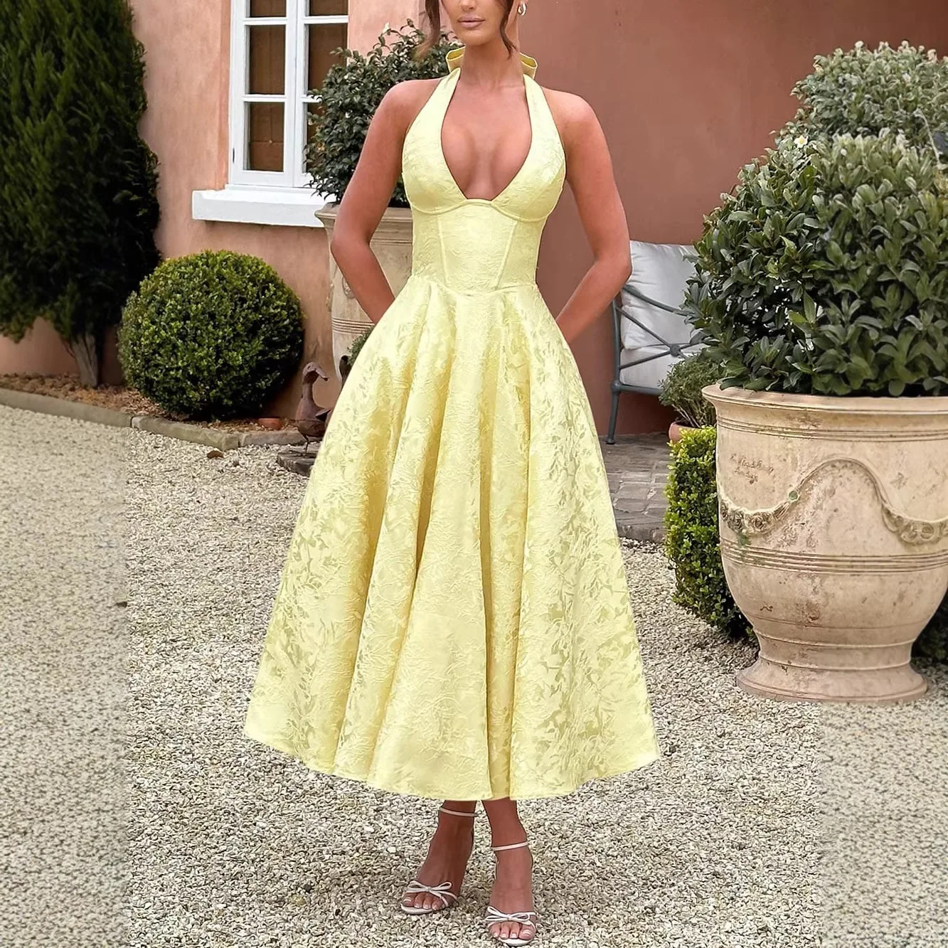 ONE TO WAN Abendkleider für Damen 2026 Sommer Sexy Schleifenhalter Langes Kleid Elegantes Jacquard-Kleid mit Schnürung Rückenfreies Geburtstagskleid Image