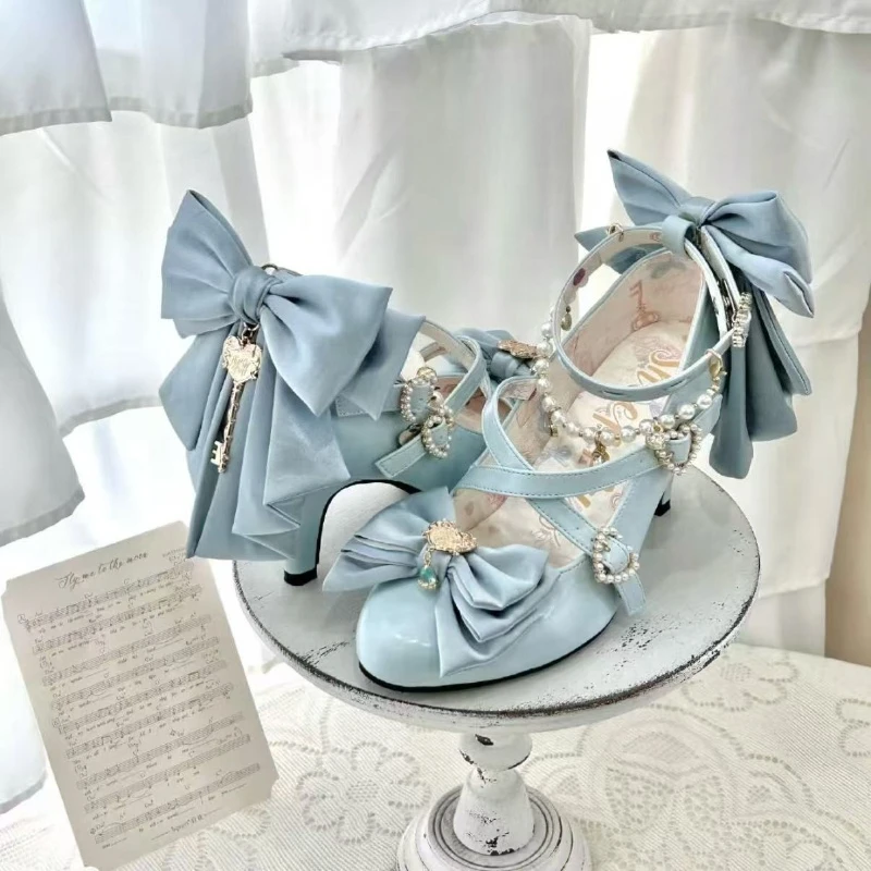 Elegante, niedliche Lolita-Schuhe mit mittelhohem Absatz, Schleifen-Clip, hohe Absätze, Kreuzriemen, Mary Jane Pumps für Damen, Hochzeit, Party, Rüschen, Prinzessin, Cosplay-Schuhe
