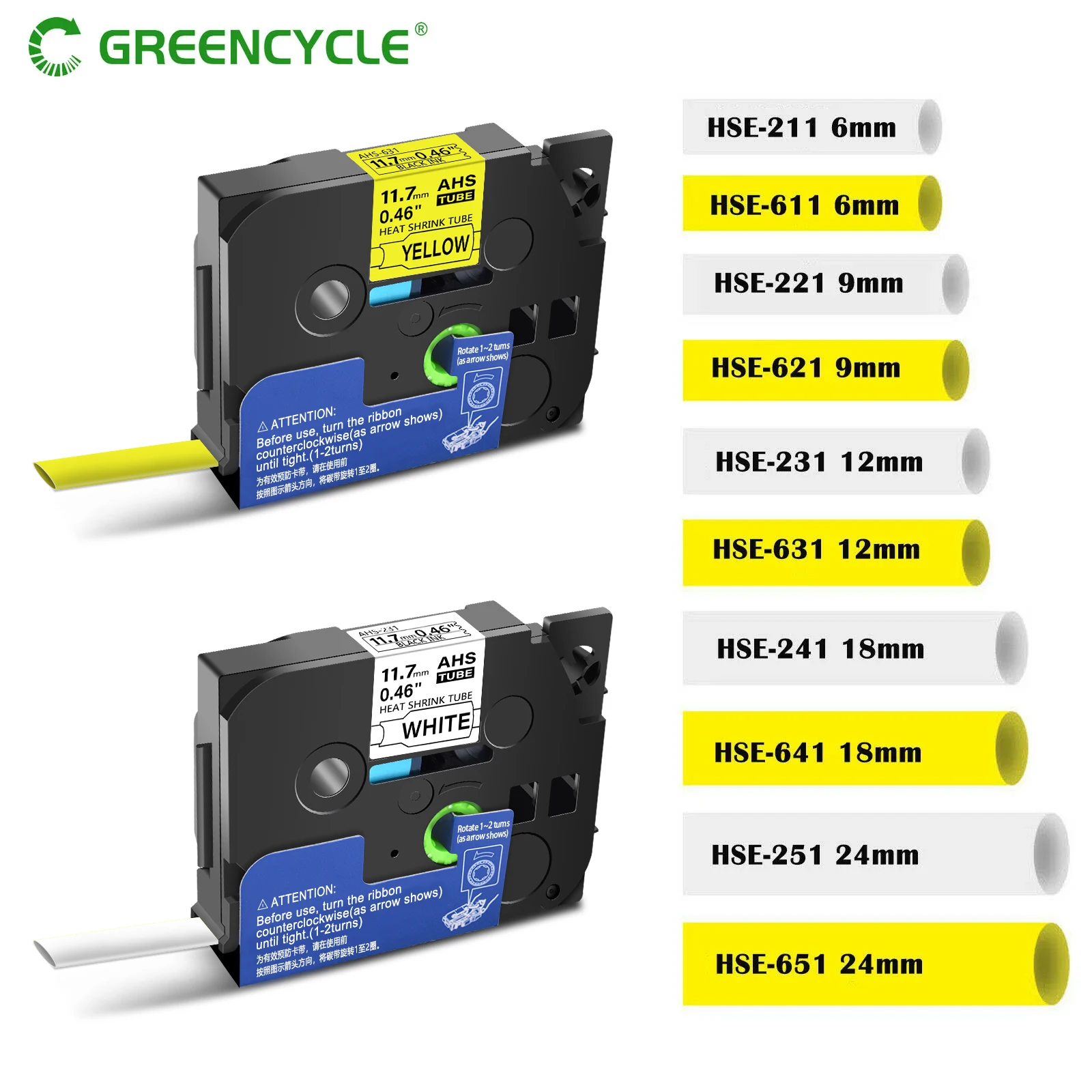 GREENCYCLE 6/9/12mm Schrumpf Schlauch Band Kompatibel Für Brother HSE-211 221 231 621 Für P-Touch Drucker Kennzeichnung Maschine Image