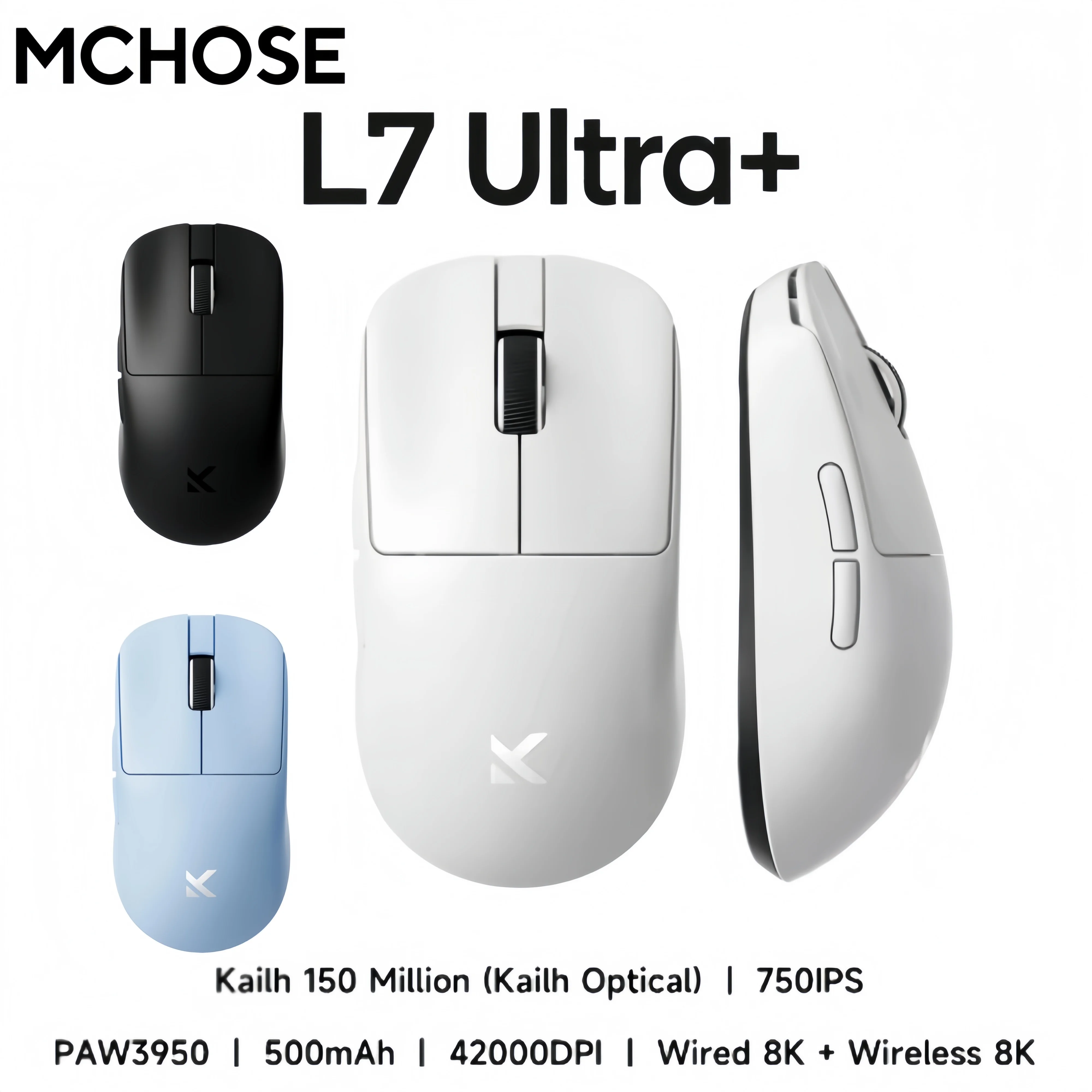 MCHOSE L7 Serie Gaming-Maus 39g Leichtgewichtige Doppelte 8k Ultra-Niedrige Latenz Kabellos BT 2.4G Kailh Schwarz Grün Punkt Optischer Schalter Image