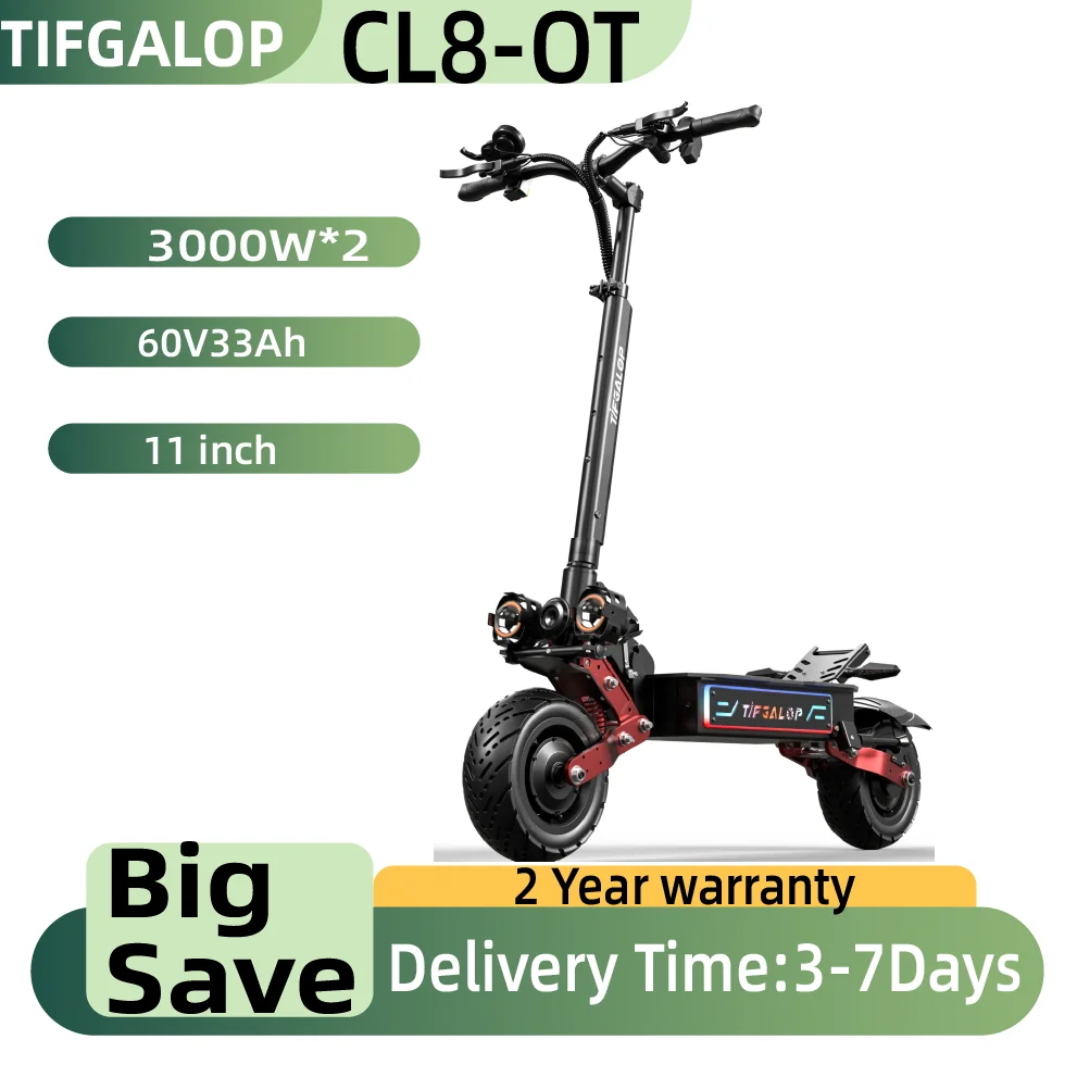 TIFGALOP CL8-OT All-Terrain-Elektro-Scooter 3000W*2 Doppelmotor 60V33AH Akku 11-Zoll-Reifen City-Offroad-Elektro-Scooter Image