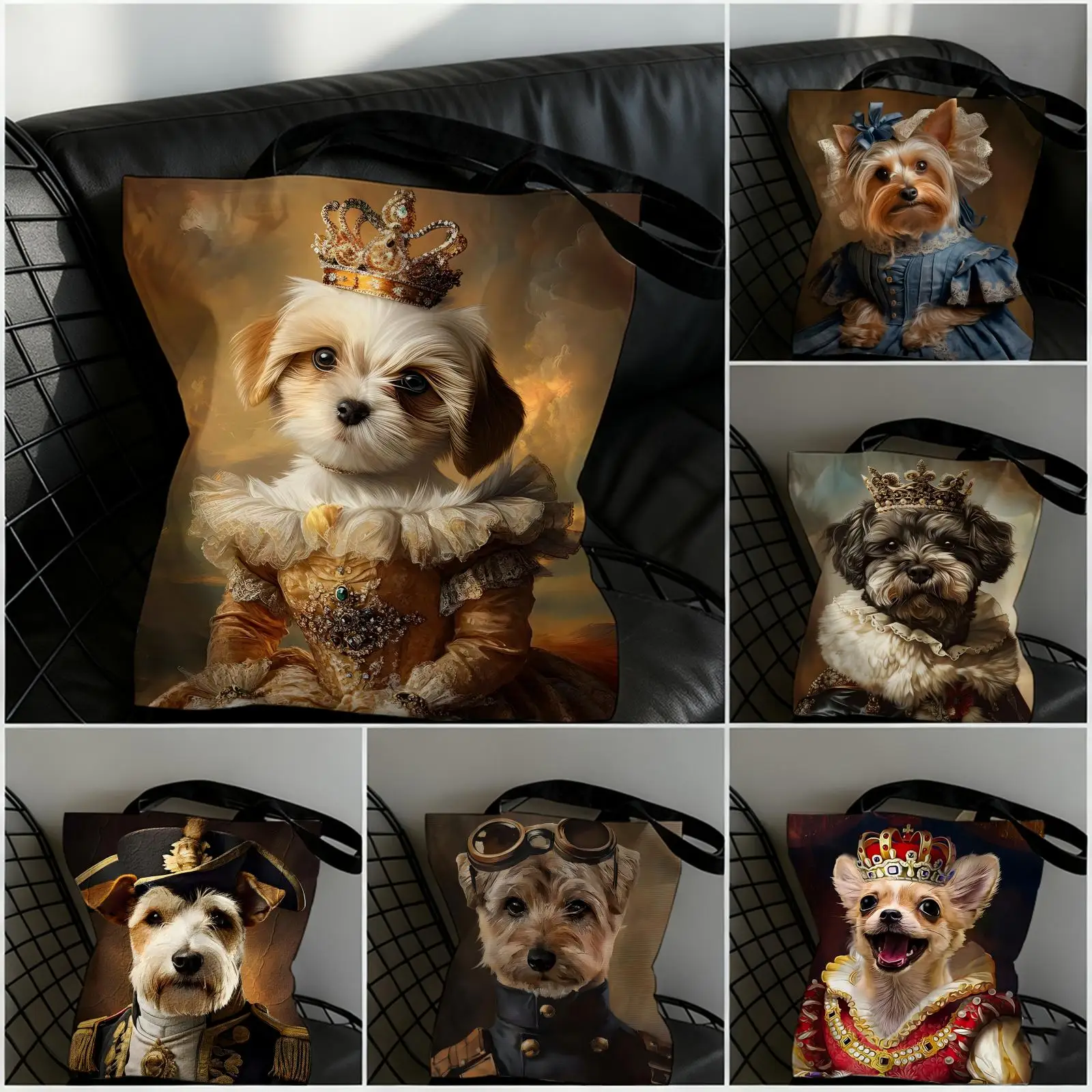 Europäische Vintage Royal Dog Aufbewahrungstaschen, doppelseitig bedruckte Canvas-Tragetasche, große Kapazität, Damen-Schulterhandtasche