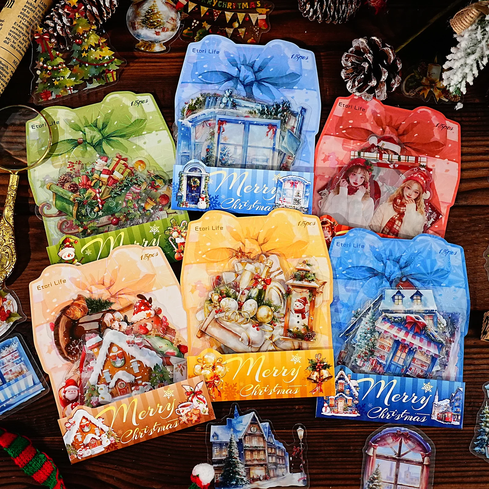 15 Heets Weihnachtsthema PET-Aufkleberpaket für Scrapbook DIY Fotorahmen Collage Dekor, Weihnachtsgeschenk dekorative Aufkleber Image