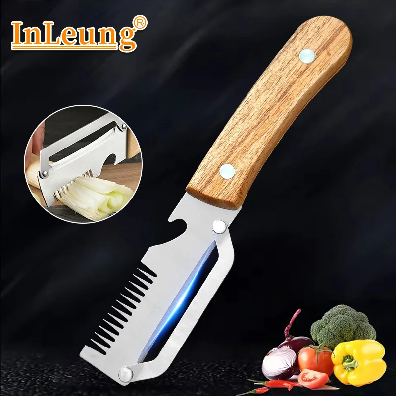 Edelstahl-Gemüseschäler mit Holzgriff 3-in-1 Obst- und Kartoffelschäler mit Flaschenöffner Küchen-Schälwerkzeuge Image