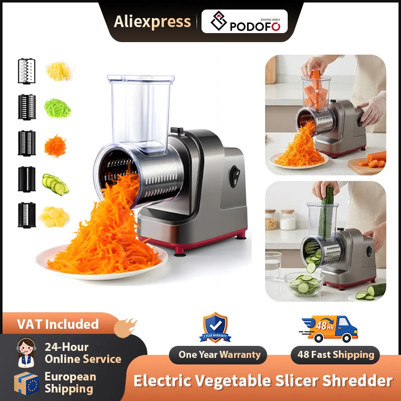 Podofo 5-in-1 Elektrische Käsereibe 250W Elektrischer Zerkleinerer mit 5 Klingen Elektrische Salatmaschine für Käse, Obst Image