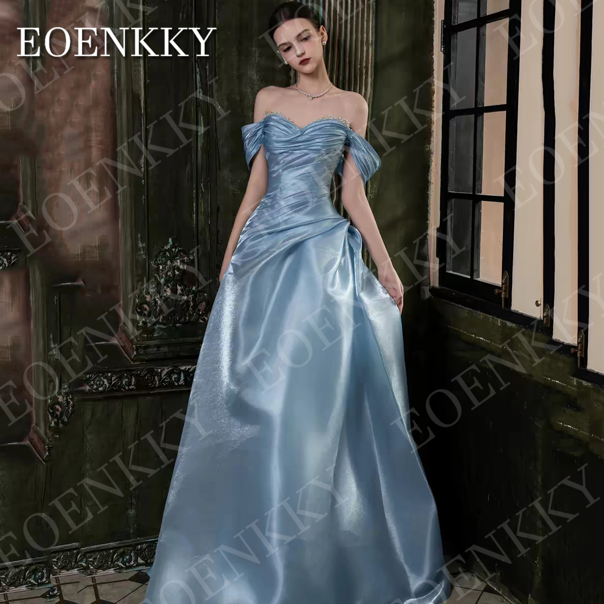 EOENKKY Satin-Abschlussballkleid blau schulterfrei elegant mit Perlen besetzt herzförmiger Ausschnitt A-Linie formelle Partykleider maßgeschneidert Satin Prom Kleid Blau Off Schulter Elegante Perlen