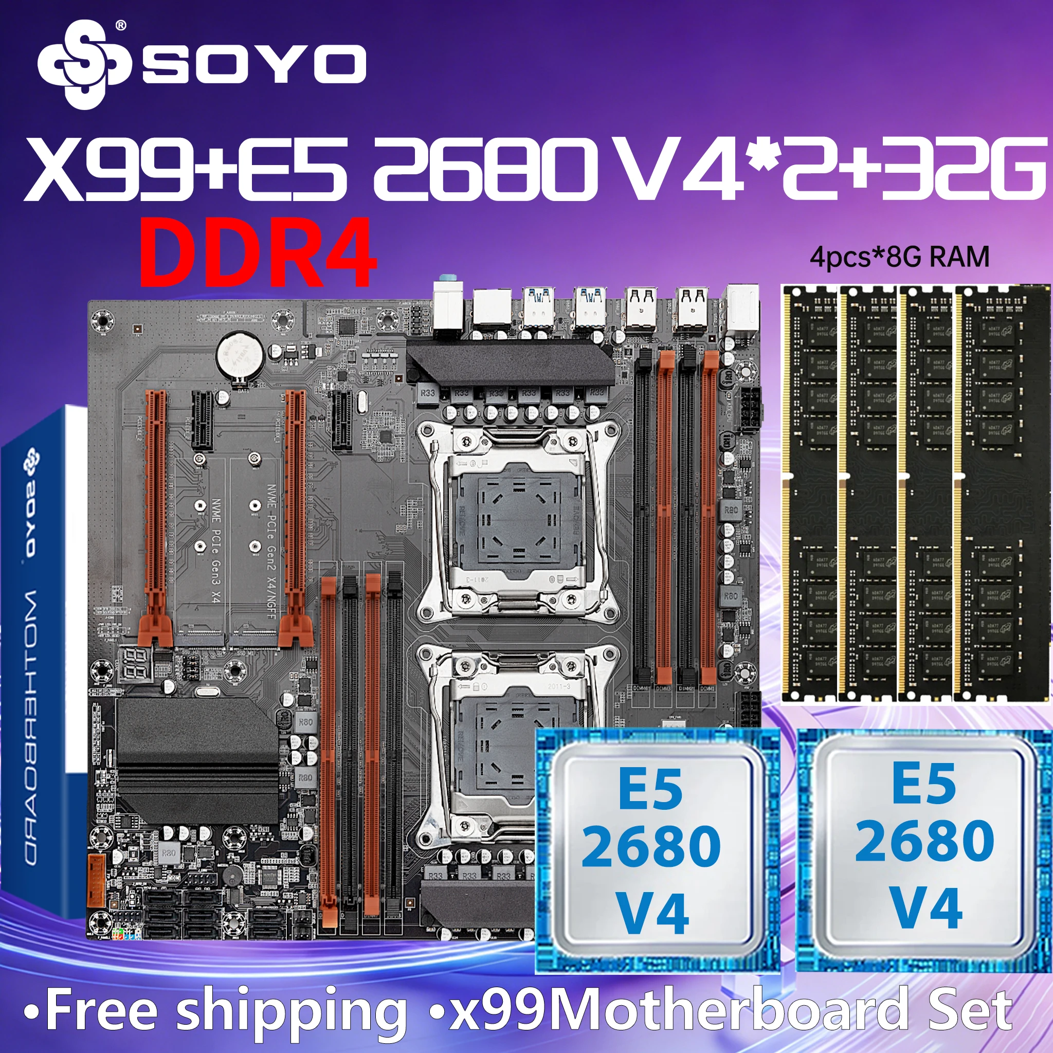 Carte mère de jeu double SOYO X99, processeur E5 2680 V4*2, DDR4 RAM 32GB(8G*4), Kit LGA2011-3, lntel comb M.2, ordinateur de bureau PCIE16*2.0
