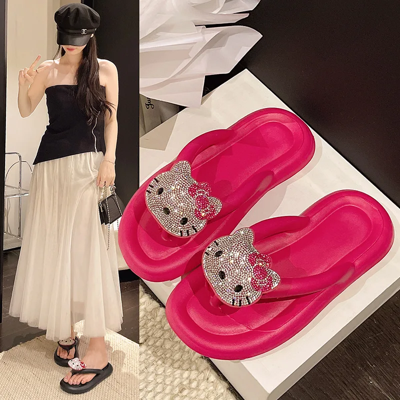 Sanrio Hello Kitty Damen-Hausschuhe, Cartoon Kawaii Kt Flip-Flops, Prinzessinnen-Sommerschuhe, Anime, niedliche, rutschfeste Mädchen-Heimsandalen