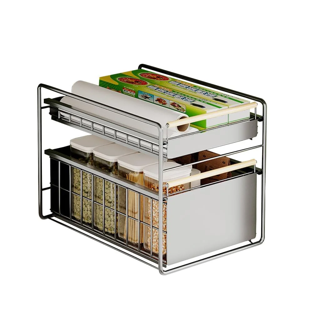 2-stufige ausziehbare Unterschrank-Organizer-Schublade – robuster verchromter Edelstahlkorb mit Soft-Close-Dämpfern und Regalauflage – Küchen-, Vorratskammer-, Bad- und Büroaufbewahrung Image