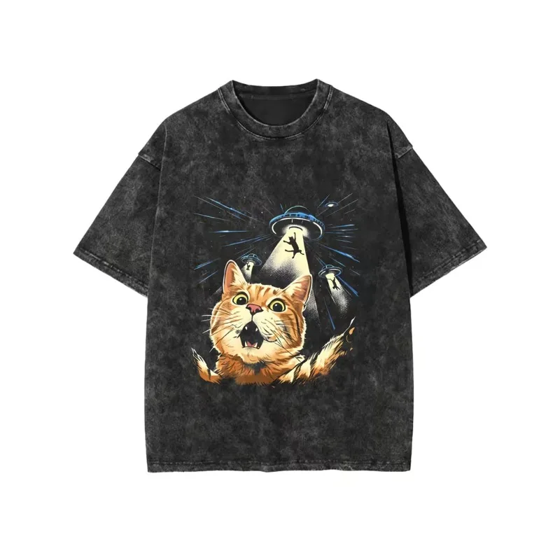Vintage Washed Alien UFO Cat T-Shirt, lustiges Retro-Sci-Fi-Grafik-T-Shirt, lässiges, übergroßes Kurzarm-Oberteil mit Rundhalsausschnitt für Herren und Damen Image