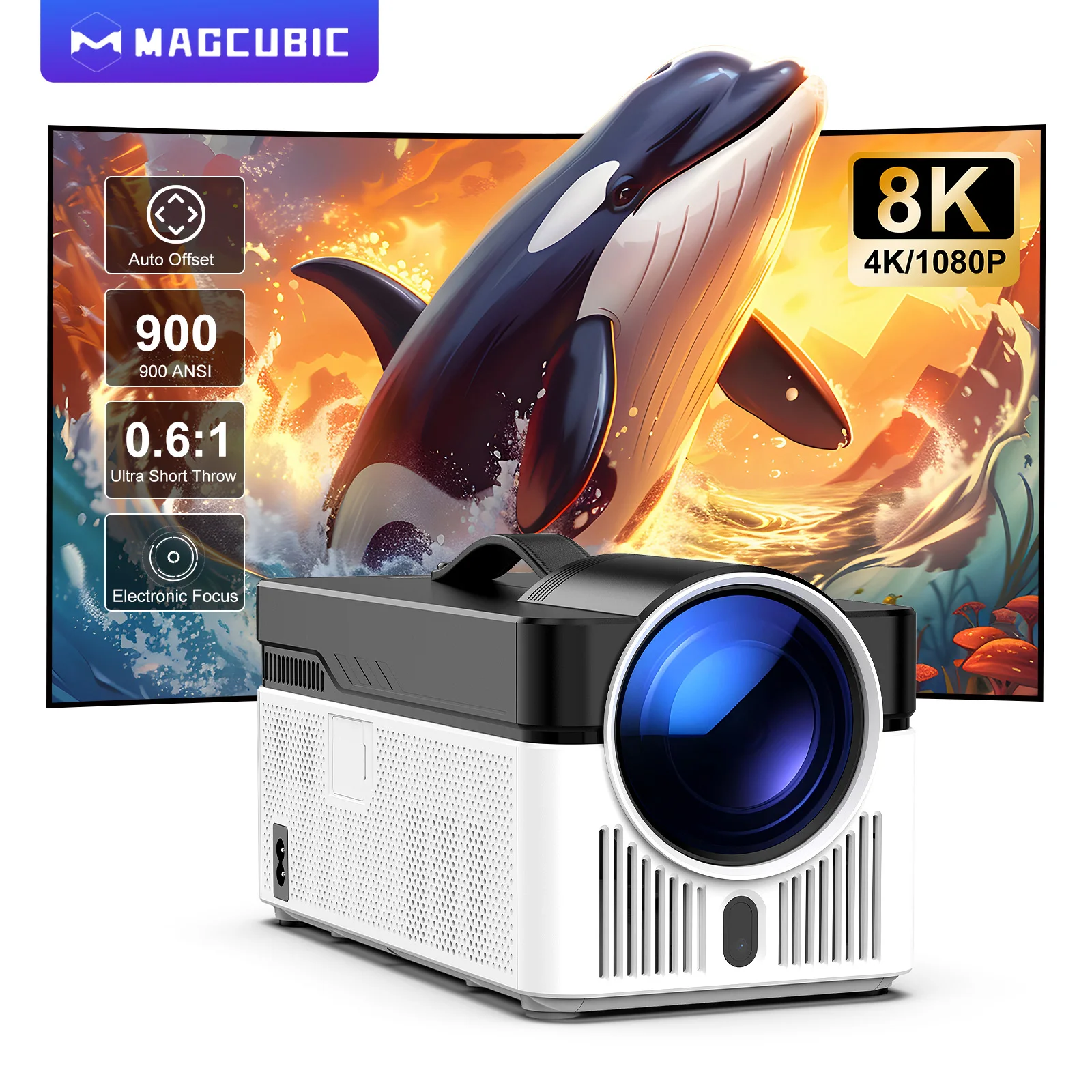Magcubic Ultra-Kurzdistanz-Projektor Hy450 Auto-Offset 1080P 8K Auflösung Elektronischer Fokus 900 Ansi Wifi6 Bt5.4 Sprachsteuerung