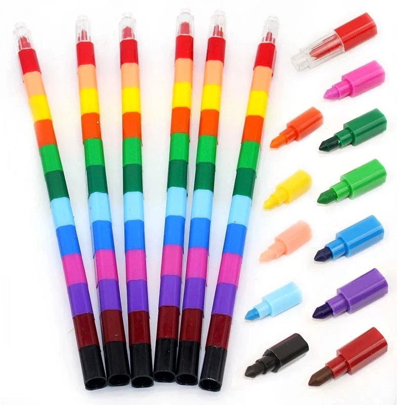 12-Farben-Baustein-Buntstifte, lustige Regenbogenfarben, stapelbare Zeichenstifte, Graffiti-Stift, Kunstbedarf, Geburtstagsgeschenk, Junge, Mädchen Image
