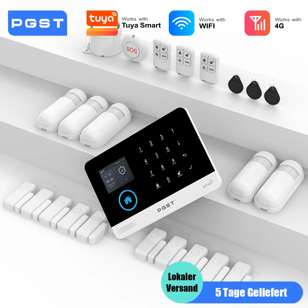 PGST Alarmanlage Einbruchschutz WiFi 4G Works with Tuya Smart Life kabelloses Sicherheits Set für Zuhause Gewerbe Tür Fenster Sensoren Fernüberwachung per Smartphone