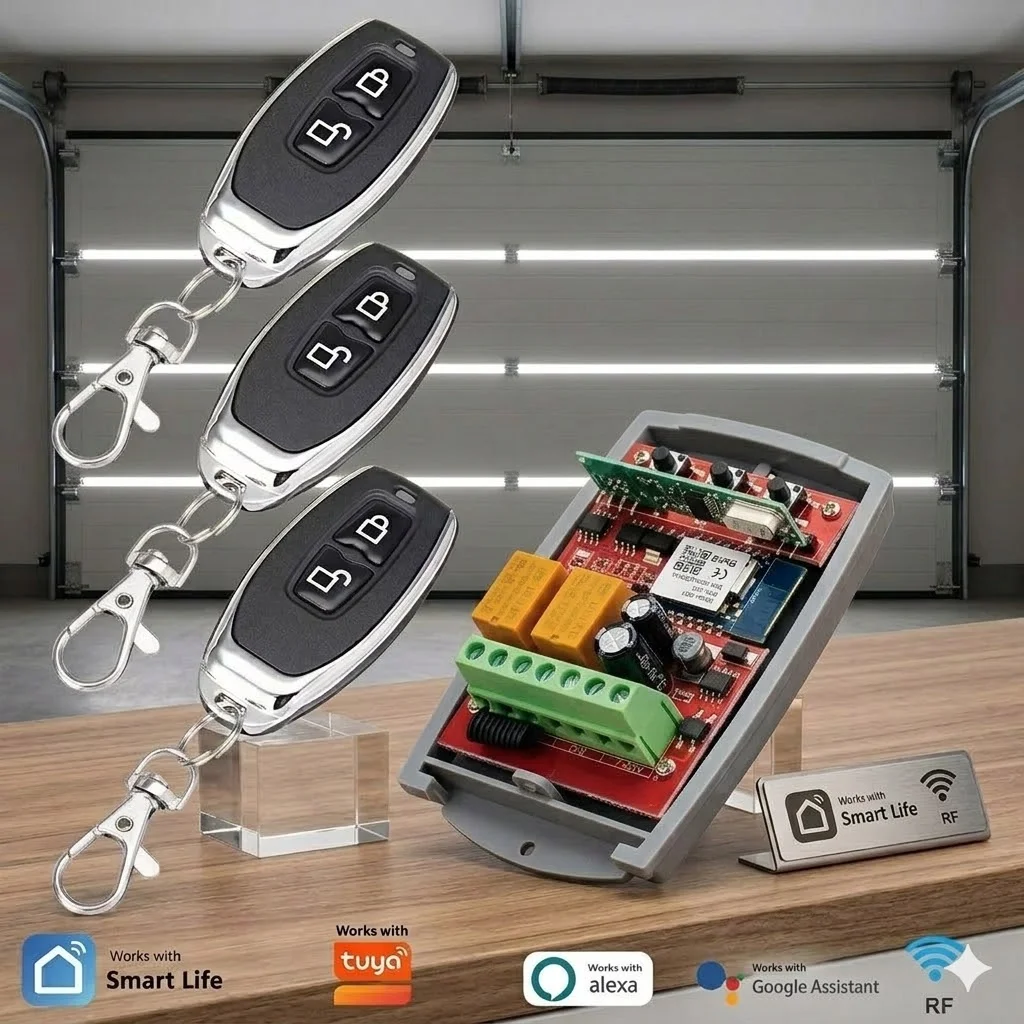 Universelles 433-MHz-RF-Relaismodul, 2 Kanäle, 12 V/24 V/220 V, für Garagentor-Smart-Empfänger, kompatibel mit Alexa und Google Home Image