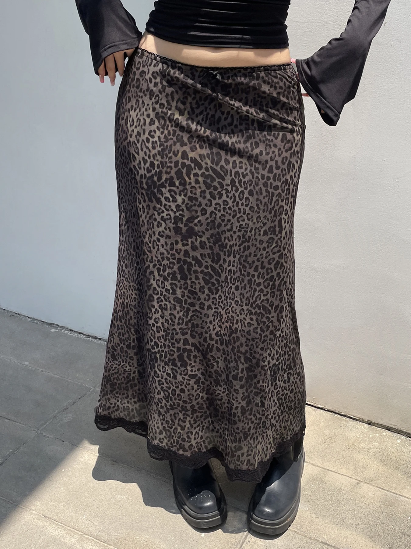 Y2K Vintage Leopard Langer Rock Retro Braun Zweilagiger Netzrock mit Spitzenbesatz Saum Elegante Mode Damenröcke