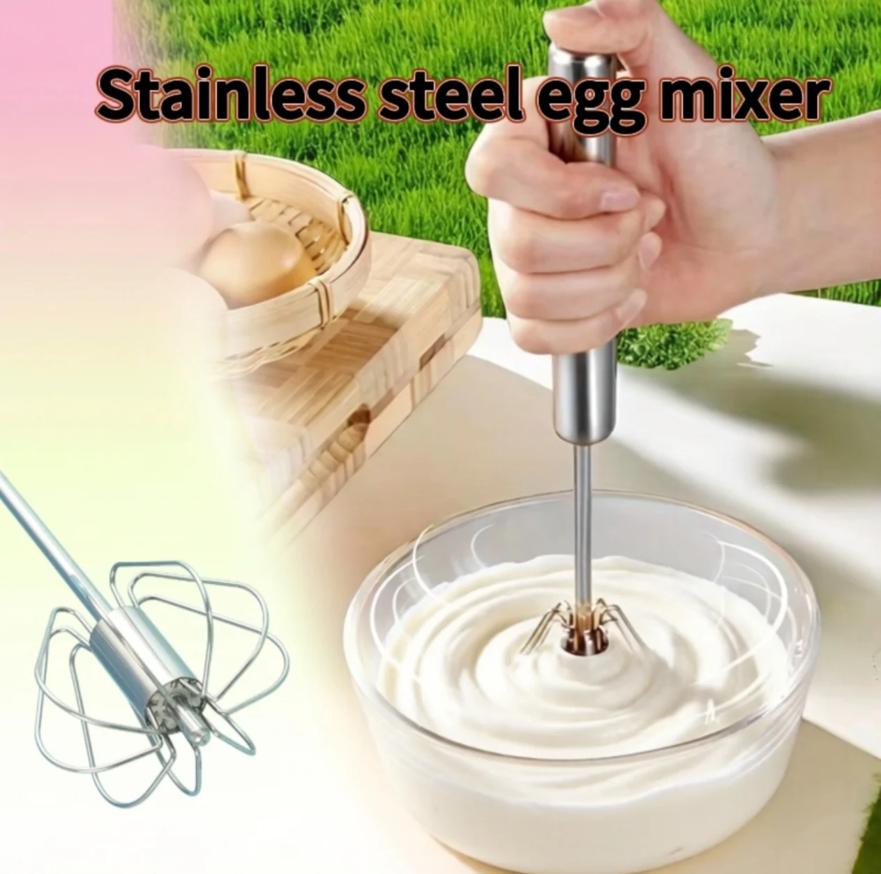 Halbautomatischer Edelstahl-Eierschläger Handpressmixer Langlebiges Küchenwerkzeug zum Rühren von Eiern, Sahne und Milch sowie zum Backen Image
