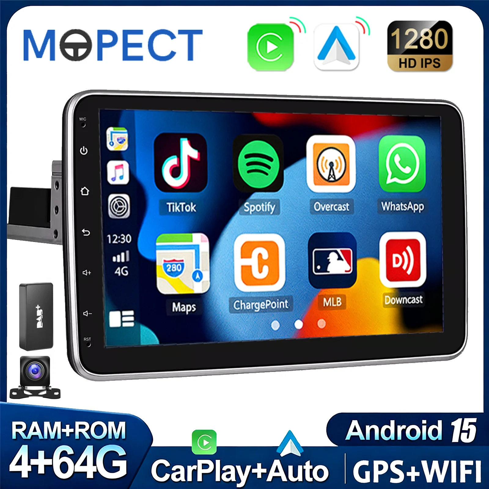 MOPECT DAB+ Android 15 10,1 Zoll Universal Single 1 Din Autoradio Kabelloses Carplay Multimedia-Player GPS-Navigation Automotive Stereoanlage Image