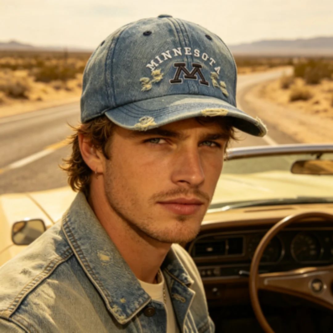 Vintage Distressed Minnesota M Bestickte Denim-Baseballkappe, gewaschen, verstellbar, Dad Hat für Herren und Damen