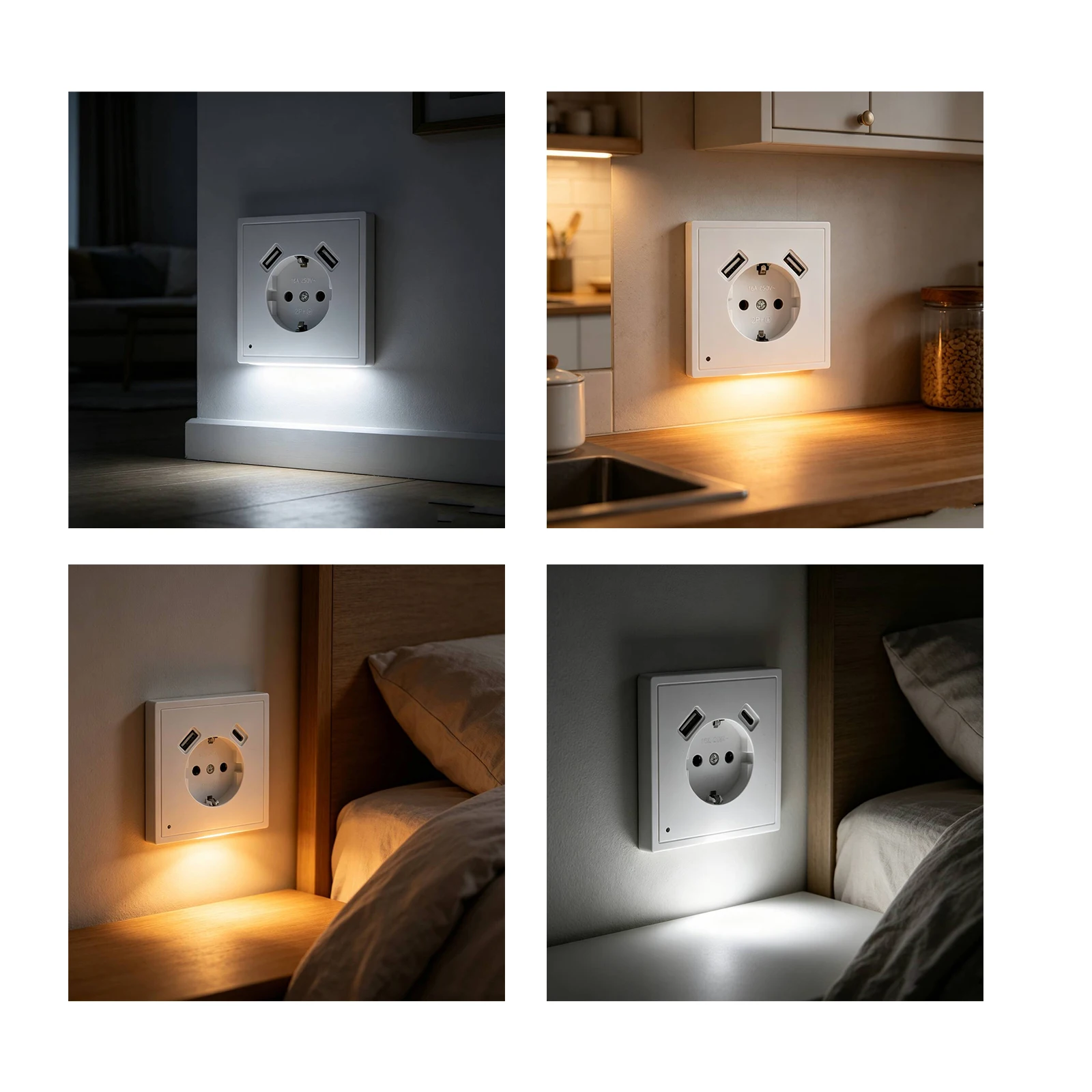 EU-Wandsteckdose mit 2 USB-Anschlüssen 5V 2A, LED-Nachtlicht mit Lichtsensor, Schuko-Steckdose
