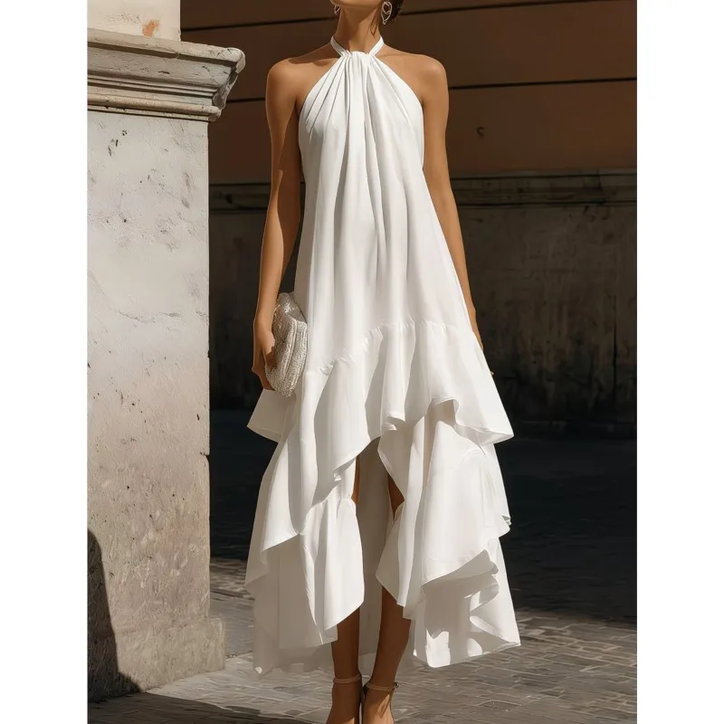 Sommerkleid für Damen: Neues Modisches Weißes Sexy Neckholder-Rüschenkleid für Urlaub und Strand im Boho-Stil, Sexy Midi-Kleid mit Volants für Frauen, Vestidos 2026