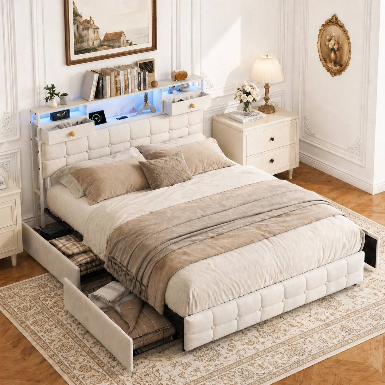 Bett 140x200 mit Stauraum, Polsterbett mit Kopfteil und 6 Schubladen, Doppelbett mit Lattenrost, Stauraumbett Jugendbett Funktionsbett Bettgestell Samt ohne Matratze Schlafzimmer Möbel platzsparend