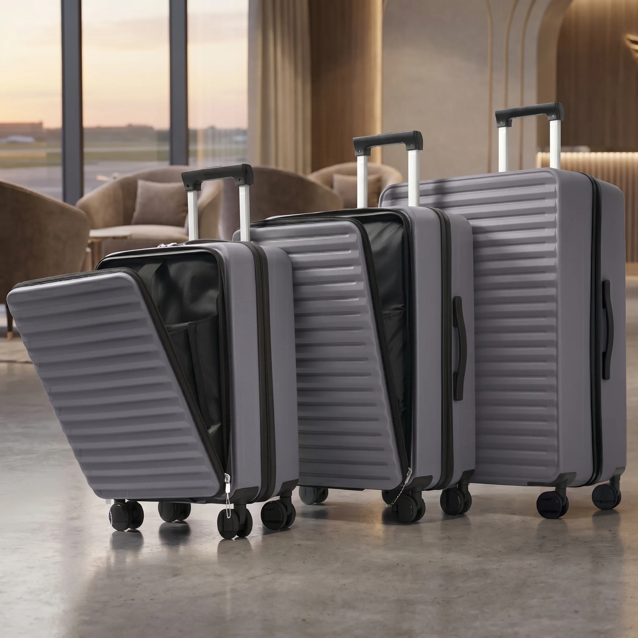 Dreiteiliges Reisekoffer-Set ABS, M (20″), L (24″), XL (28″) – Front-Öffnungs-Design (M/L), klappbarer Getränkehalter, TSA-Schloss, 360°-Doppelrollen, Antique Gray