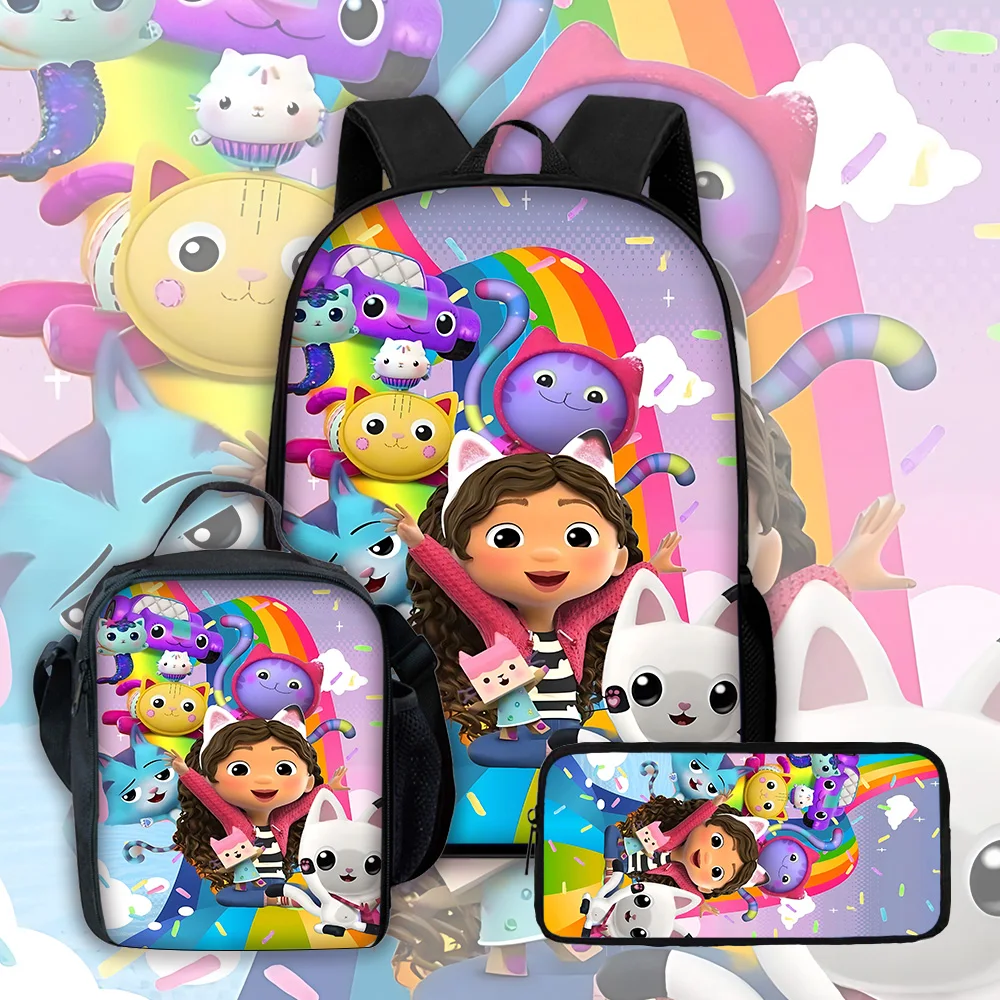 Sac à dos d'école pour enfants, mignon, motif Gabby's Cartoon Dollhouse, avec sacs à déjeuner, trousses à crayons, sacs d'école pour garçons et filles, meilleur cadeau
