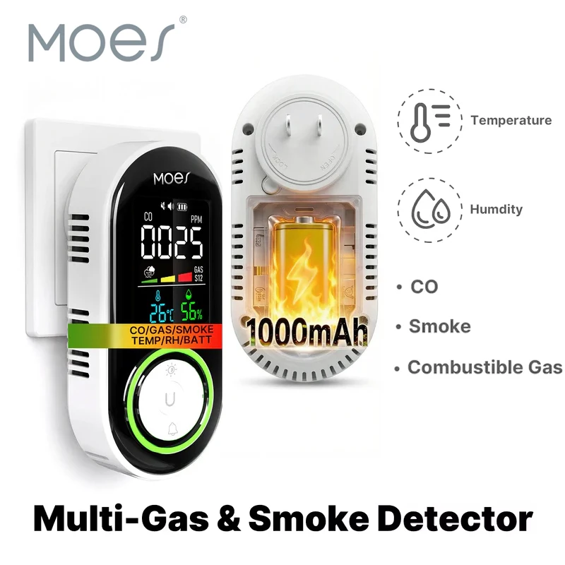 MOES 5-in-1 Intelligenter Luftqualitätssensor CO-Gas- & Rauchmelder Temperatur-Feuchtigkeitssensor mit LCD-Anzeige Steckbarer Smart Air Box Image
