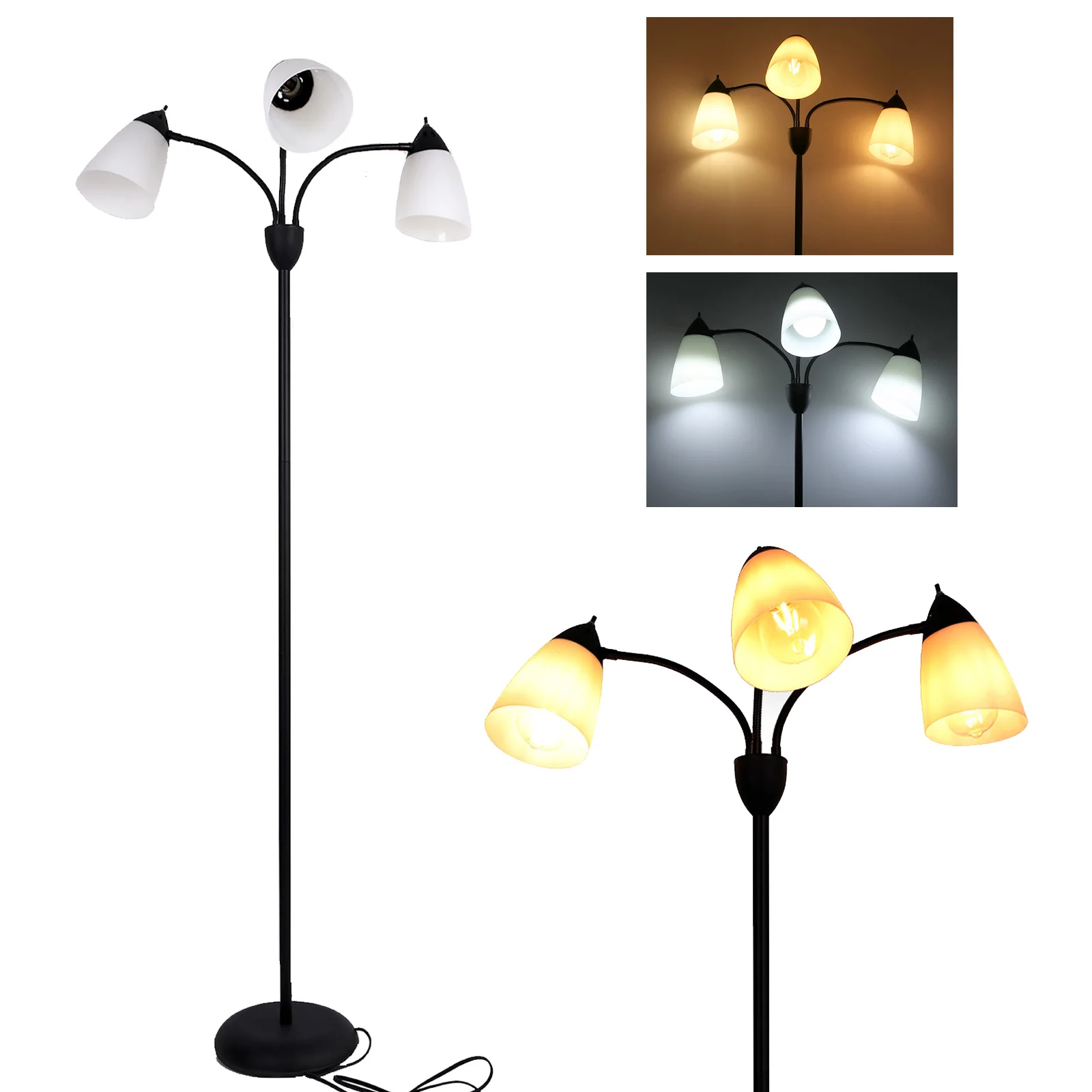 Lampe de sol moderne pour lecture, lampe de sol à 3 lumières noire avec lampe de lecture, lampe sur pied flexible et réglable pour chambre à coucher, bureau, salle d'étude, lampes de lecture modernes