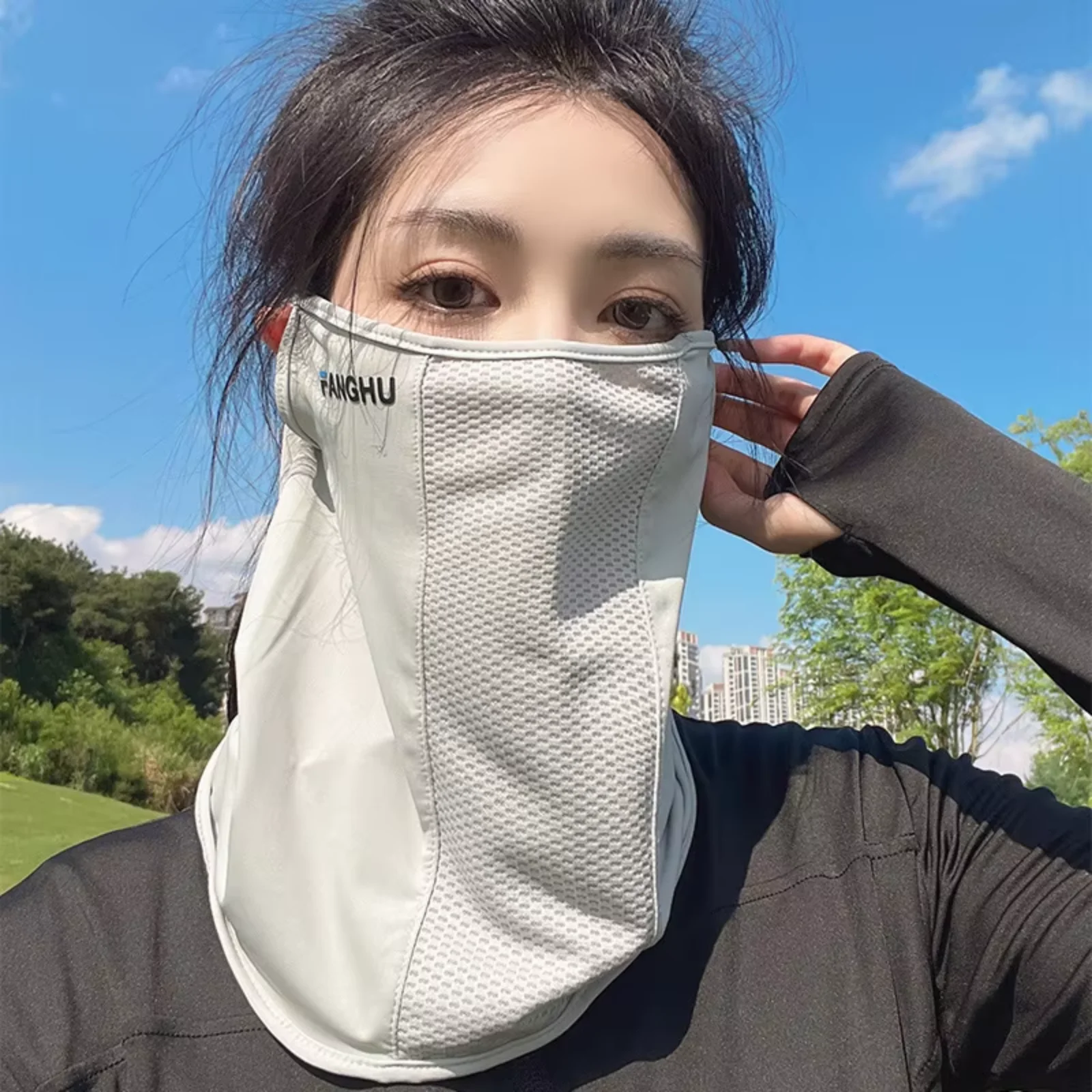 Atmungsaktive Netz-Gesichtsmaske mit Ohrschlaufen, elastisch, Sonnenschutz, Anti-UV-Gesichtsbedeckung, dünner, atmungsaktiver Sport-Halsgamasche für Damen und Herren Image