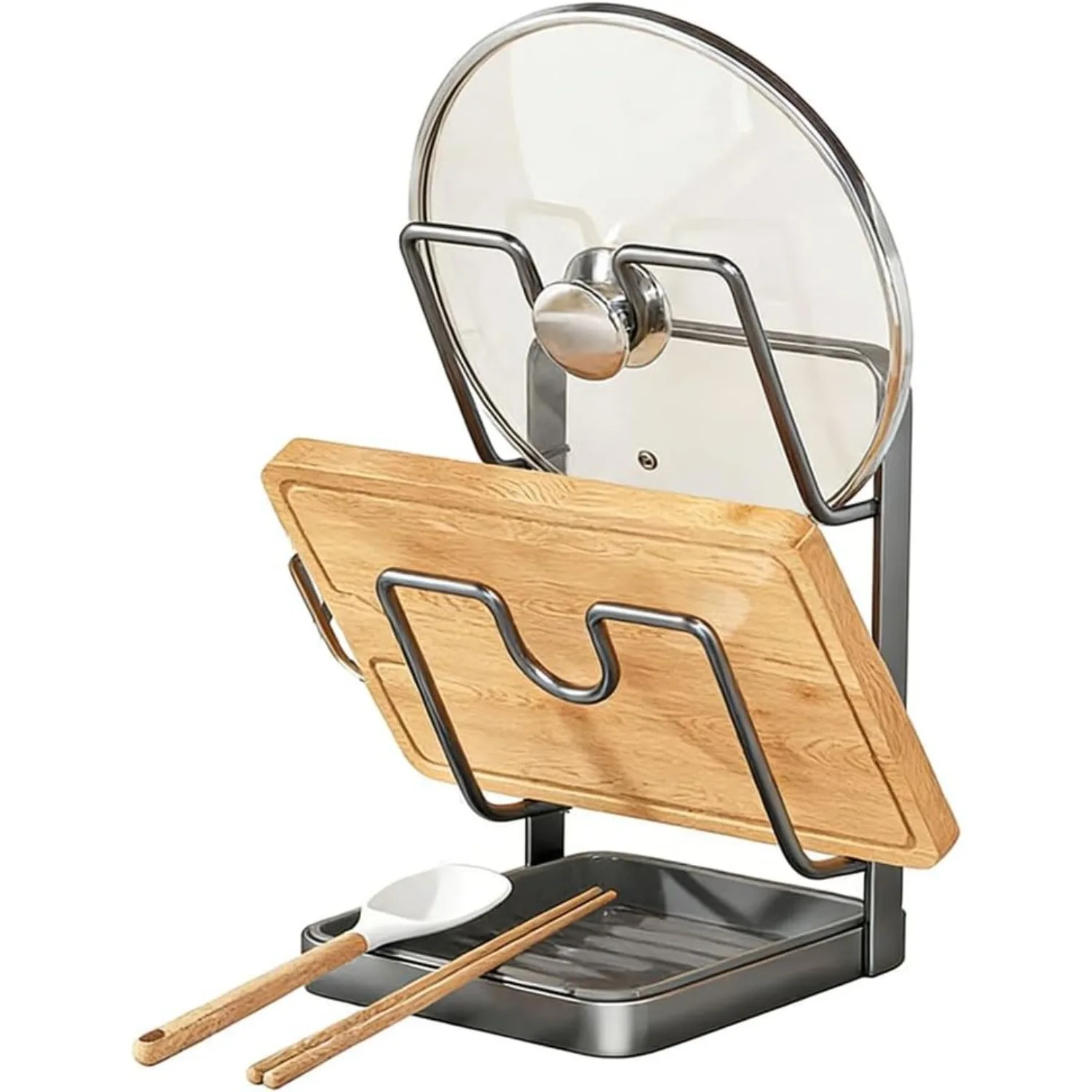 Küchen-Topfdeckelhalter, Topfdeckelständer zum Kochen & Löffelablage, Multifunktionaler Topfdeckel-Organizer mit abnehmbarem Abtropfbehälter Image