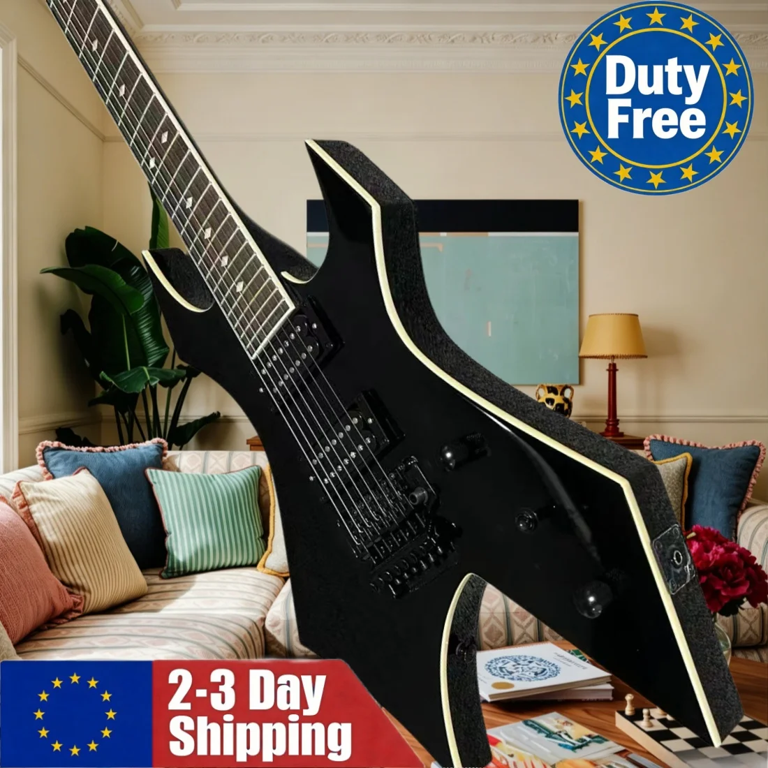 Deutsches Lager: Schwarze Gitarre mit 7 Saiten, exquisite Verarbeitung, Palisander-Hals, HH-Tonabnehmer, fester Steg, detaillierte Verarbeitung, anhaltende Harmonien Image