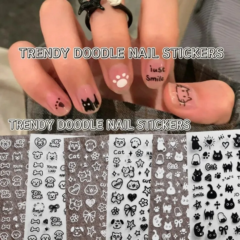 Nagelaufkleber im Graffiti-Stil, schwarz, weiß, schöne Cartoon-Katze, Welpenmuster, selbstklebende Dekorationen, Maniküre-Ornament, Nagelaufkleber Image
