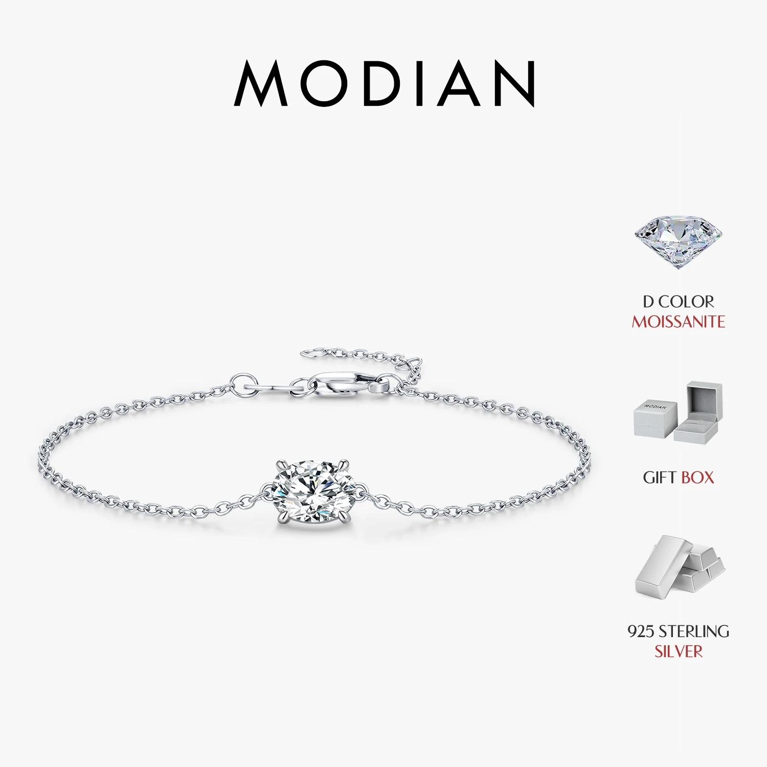 Bracciale MODIAN 1CT con moissanite ovale in argento sterling 925, bracciale a catena con catena a maglie alla moda per donna, gioielli raffinati