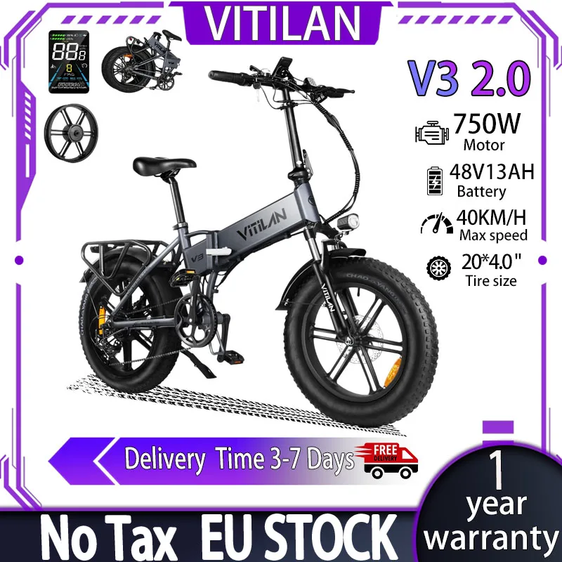 VITILAN V3 Faltbares Elektrofahrrad 750W Motor 48V13AH Akku Stadtpendler E-Bike für Erwachsene 20*4 Zoll Fat Tire Mountain-/Schnee-E-Bikes Image