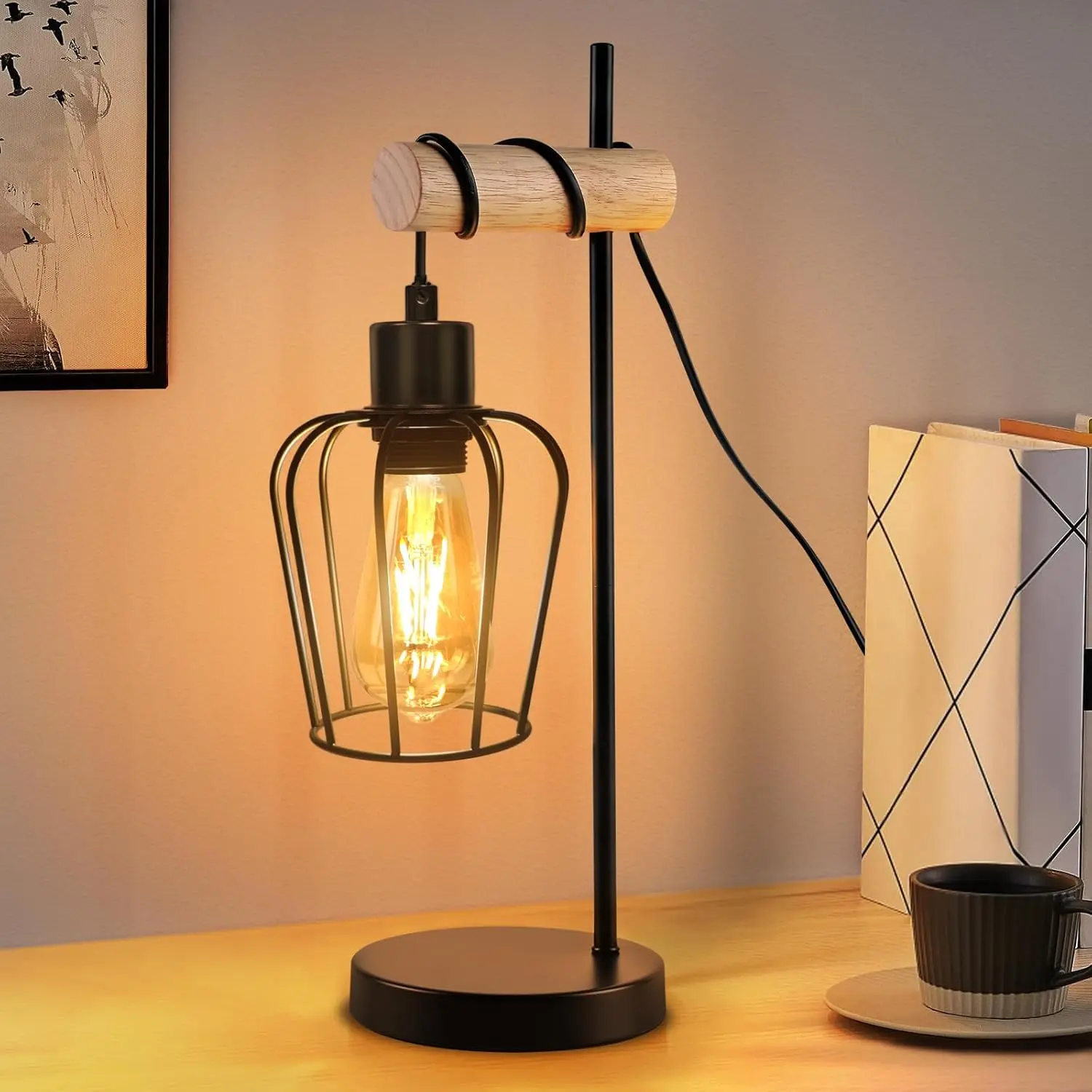 Tischlampe Wohnzimmer Holz Tischleuchte Vintage: Schwarz Nachttischlampe 1 flammig im Industrial Design aus Metall E27 Fassung Retro Nachttischleuchte für Schlafzimmer Hotel - ohne Leuchtmittel