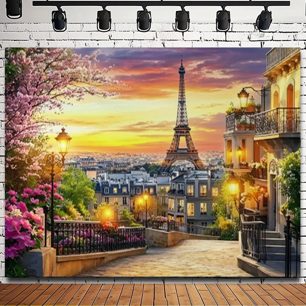 Paris Eiffelturm Sonnenuntergang-Szene Banner-Hintergrund, geeignet für Geburtstagsfeiern, Heimdekoration, Fotografie-Hintergrundstoff Image