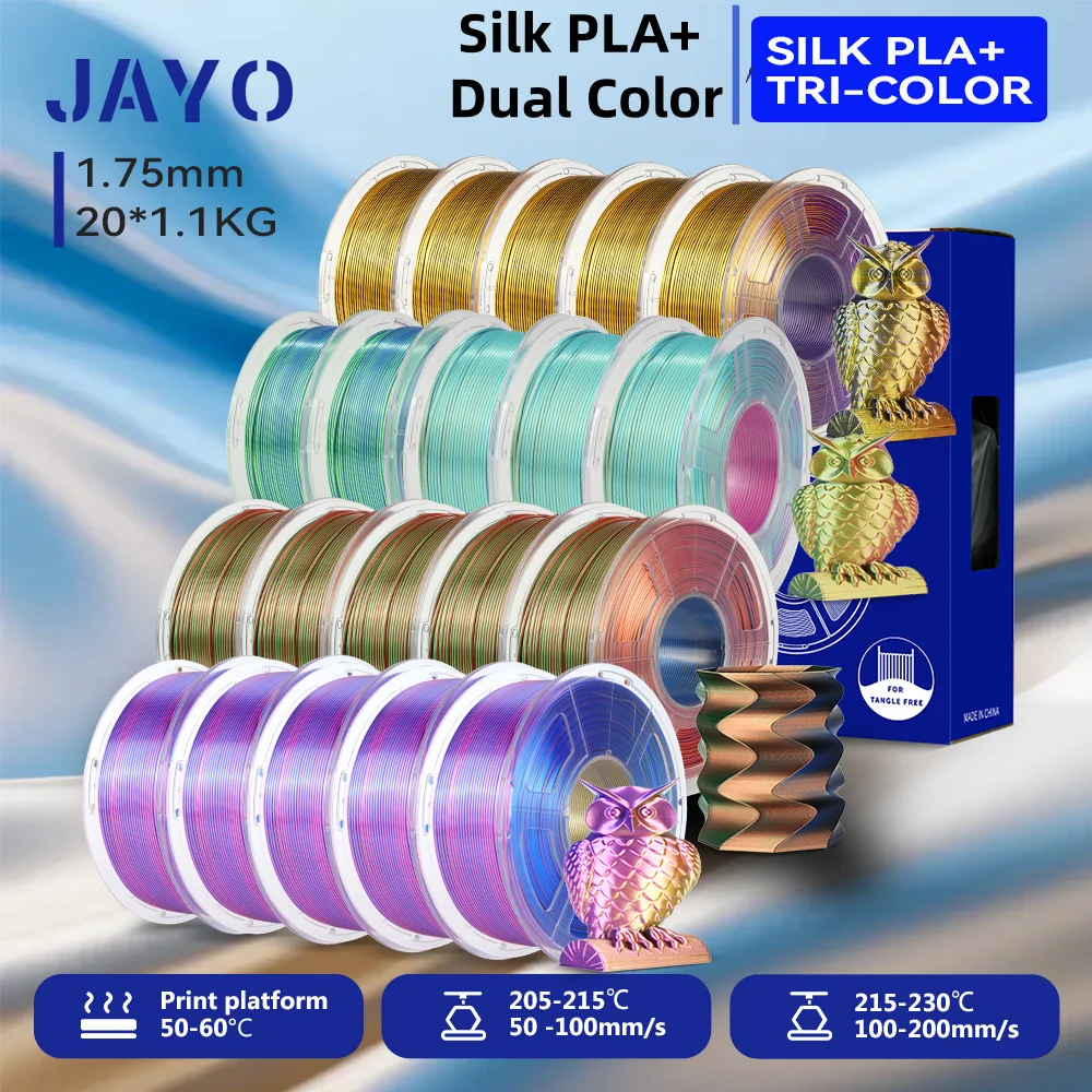 JAYO 20 Rollen 3D Seide Dual & PLA+ Seide Dreifarbiges Druckerfilament 1,75MM PLA 3D-Filament Sauber Gewickeltes 3D-Druckmaterial Image