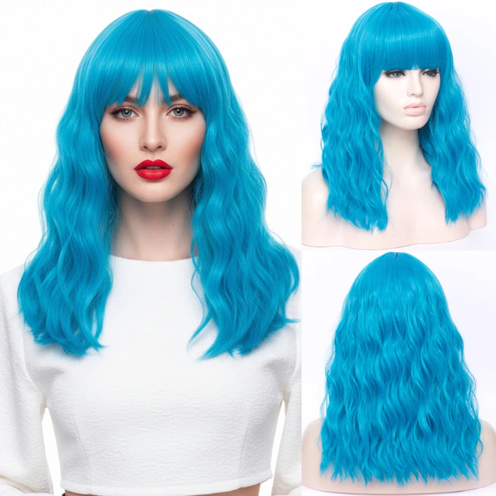 Kurze blaue synthetische Perücke mit Pony, hitzebeständig, für Damen, Halloween, Cosplay, Bühnenshow Image