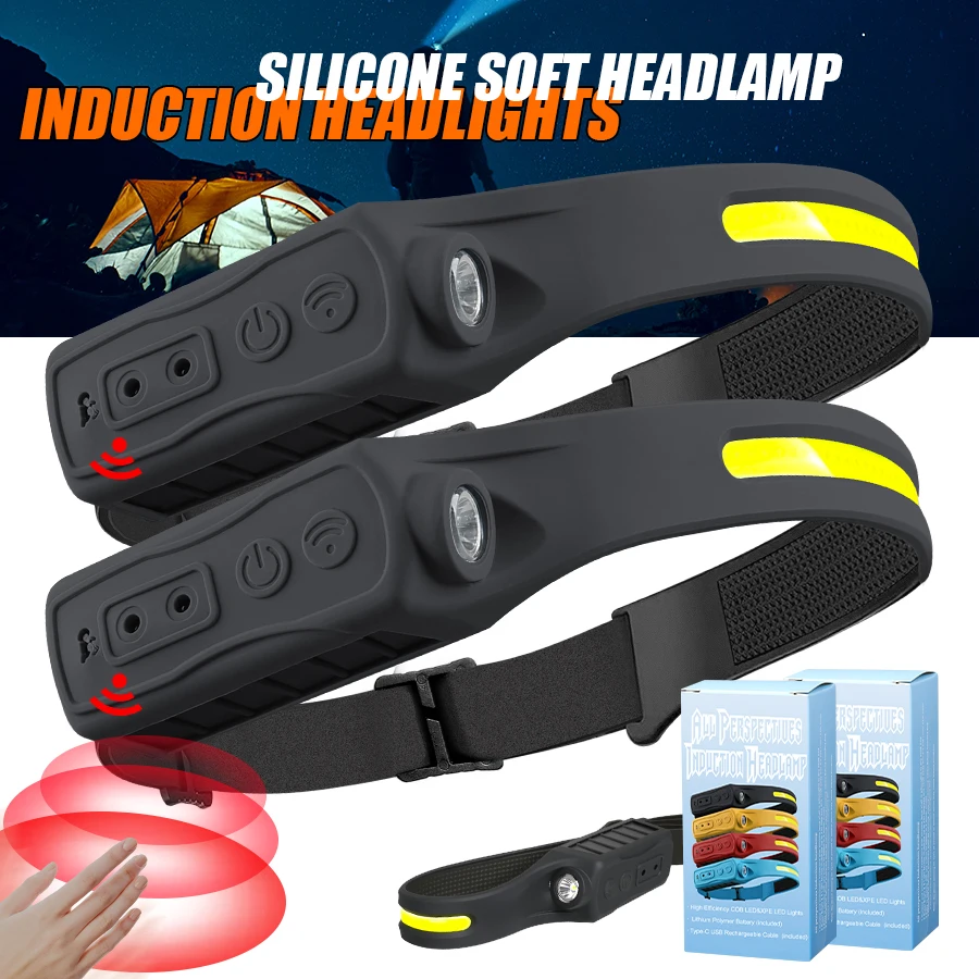 Lampada frontale con sensore LED COB Lampada frontale a induzione Batteria incorporata Torcia frontale ricaricabile USB 5 modalità di illuminazione Faro