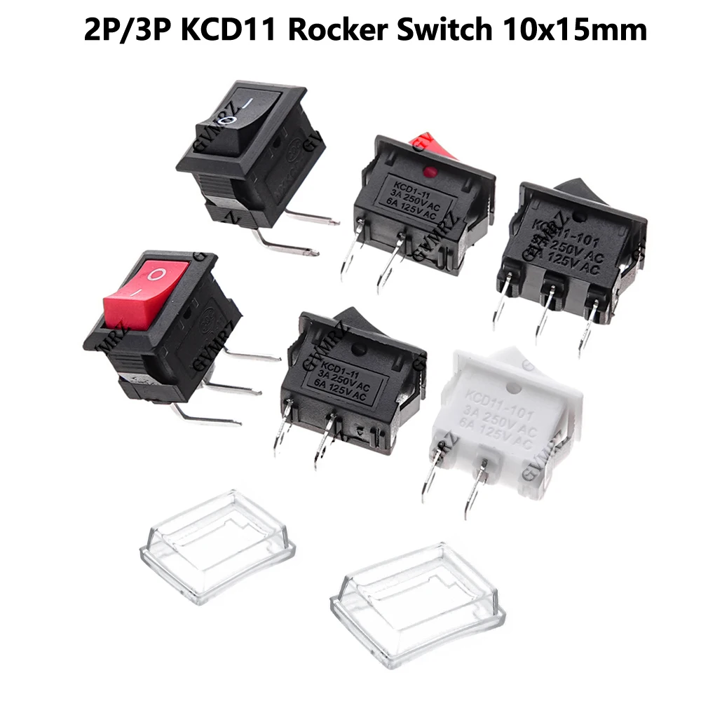 10 Stück 2-Pin / 3-Pin 3A 250VAC / 6A 125VAC 10*15 KCD11 Wippschalter 10*15mm Mini-Druckknopfschalter EIN-AUS / EIN-AUS-EIN 10x15mm Image