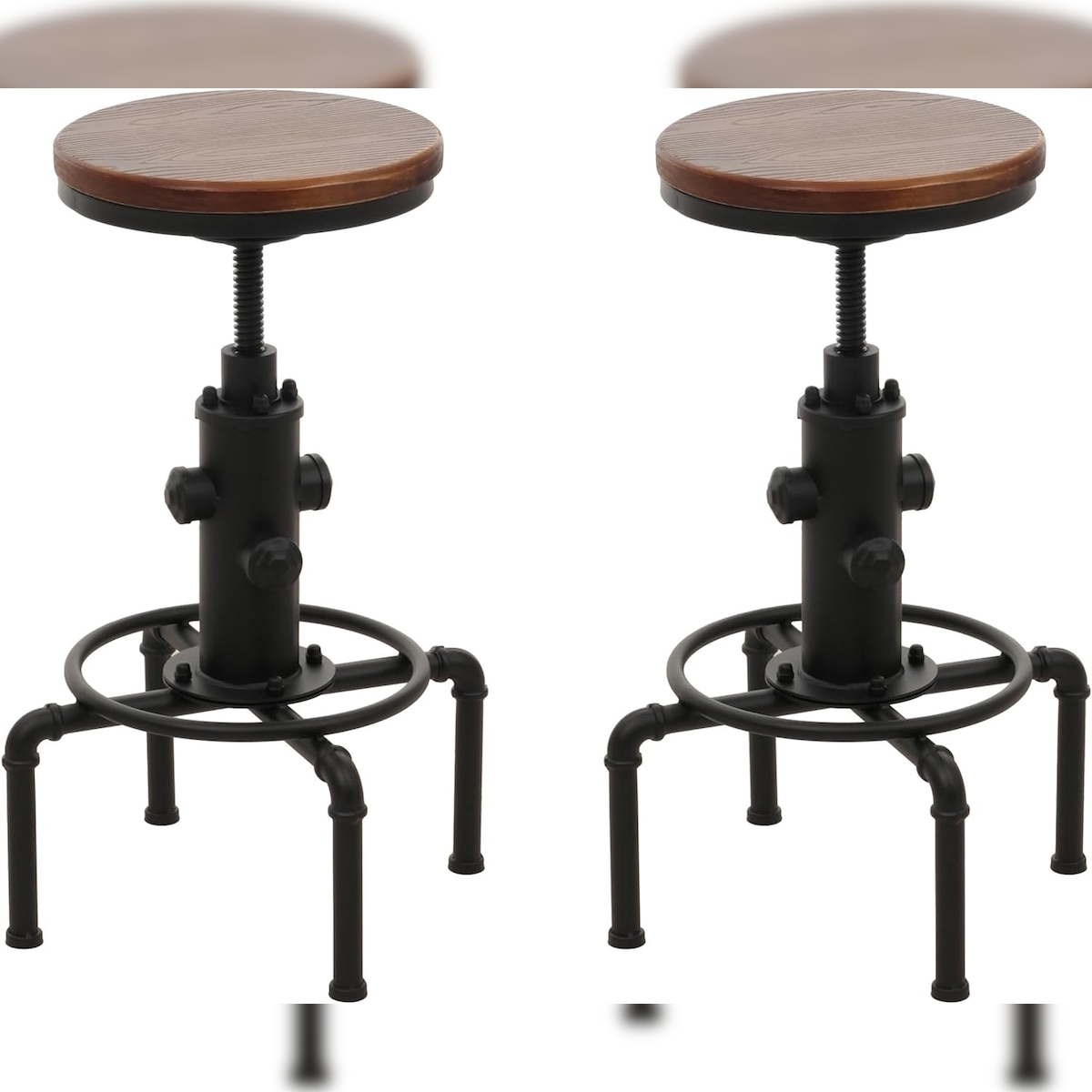 Décoshop26 - Set aus 2 höhenverstellbaren Barhockern im Industriedesign mit drehbarer Fußstütze aus Stahl und massivem braunem TDB04087 Image